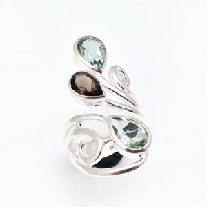 Multi-Stone Green Amethyst Smokey Quartz Silver Ring // 925 Sterling Silver // Size 8