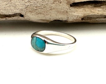 Simple Turquoise Signet Ring - Sterling Silver 925 - Blue Green Turquoise Silver Ring 5-12 - Natural Turquoise - Men Women Turquoise Ring