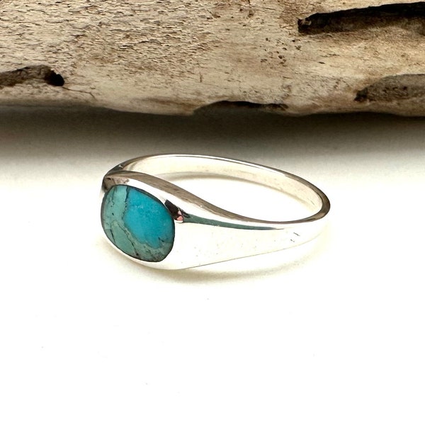 Simple Turquoise Signet Ring - Sterling Silver 925 - Blue Green Turquoise Silver Ring 5-12 - Natural Turquoise - Men Women Turquoise Ring