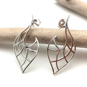 Silver Leaf Post Earrings / Leaf Cut Out Modern Earrings / Long Post Leaf Earrings / Light weight Shiny / 925 Sterling Silver