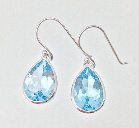 Large Teardrop Blue Topaz Earrings // 925 Sterling Silver // Non Tarnishing Rhodium Finish // Simple Teardrop Setting // Hook Wires
