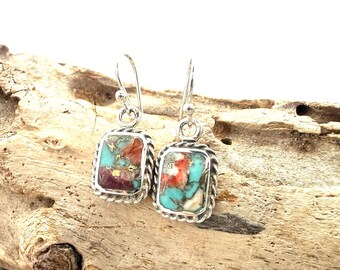 Turquoise Oyster Shell Earrings / Natural Turquoise / Blue Orange Copper / 925 Sterling Silver