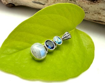 Moonstone Multi Stone Pendant // 925 Sterling Silver // Moonstone Iolite Blue Topaz // Rainbow // June Birthstone // Protect