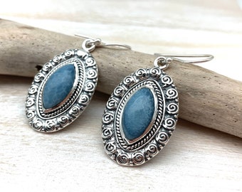 Blue Opal Silver Earrings // Natural Blue Opal Earrings // Marquee Opal // Swirl Silver // 925 Sterling Silver