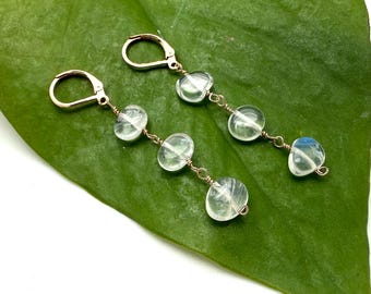 Blue Rainbow Moonstone Earrings // Smooth Cabochon Moonstone Dewy Drops // Long Dangly // Gift for her // June Birthstone