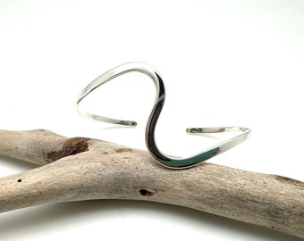 Sterling Silver Wave Cuff – Adjustable Open Bangle (6.5-8 inch)