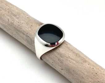 Anel de sinete simples em ônix preto - Anel de prata com ônix preto - Anel com pedra de ônix preto - Anel de ônix para uso diário, unissex - Prata de lei 925