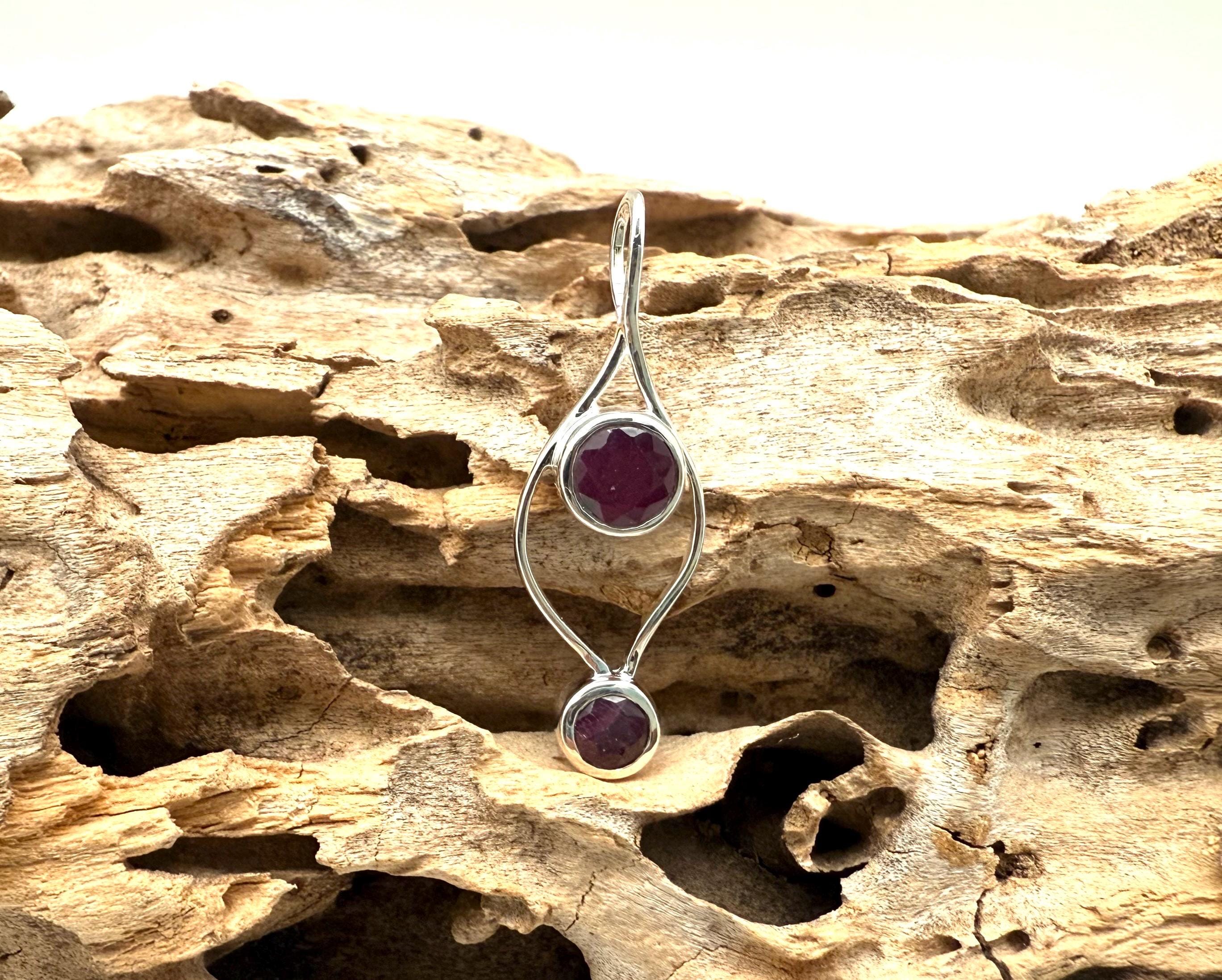 Silver Multi-stone Ruby Pendant - 30mm - 925 Sterling - Natural