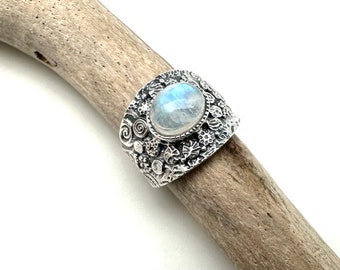Rainbow Moonstone Sterling Silver Ring, Bali Rope Design, Size 7
