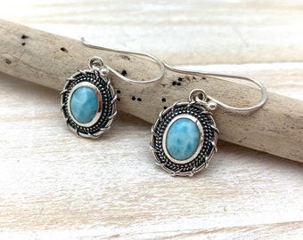 Larimar Sterling Silver Rope Earrings – Oval Gemstone Dangle