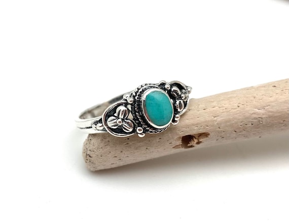 Bague Vintage Fleur En Argent 925 Avec Verre Bleu Turquoise - Taille 53 - Occasion