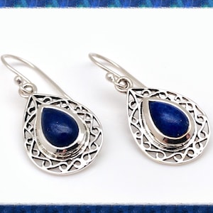 Lapis Lazuli Earrings 23mm, Filigree Teardrop Setting, Silver Lapis Earrings, 925 sterling