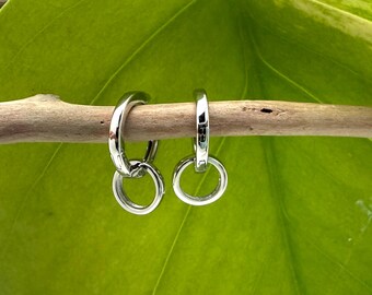 Silver Huggies Hoops / 925 Sterling / Click Hoop Earrings with Circles / Two Way Hoops