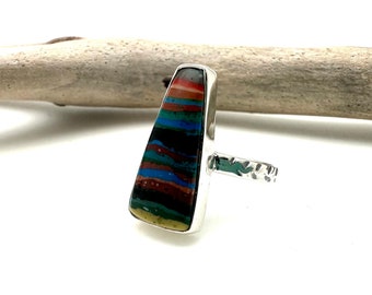 Rainbow Calsilica Ring Size 9 /  Natural Colorful Stone Ring / Southwestern Stone Ring / 925 Sterling