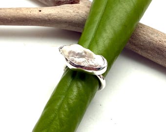 Biwa Pearl Silver Ring, 925 Sterling, Modern Minimalist, Size 6 East West