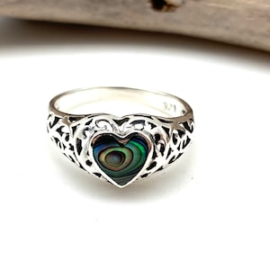 Abalone Heart Ring - Small Heart Shape Abalone - Abalone Delicate Ring - Abalone Vintage Style Ring - 925 Silver - Size 5, 6, 7, 8, 9