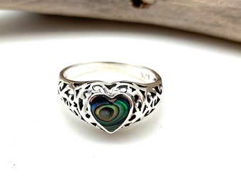 Anello a forma di cuore in abalone - Piccolo anello a forma di cuore in abalone - Delicato anello in abalone - Anello in stile vintage in abalone - Argento 925 - Misura 5, 6, 7, 8, 9