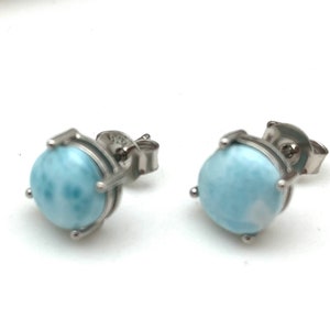 Round Larimar Studs, 925 Sterling, Minimalist Natural Stone, 9mm