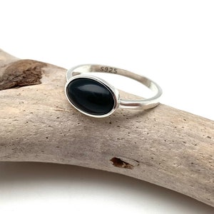 Black Onyx Simple Ring, Black Onyx East West Ring , Smooth Onyx Cabochon, 925 Sterling Silver, Sizes 5 -10