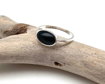 Black Onyx Simple Ring, Black Onyx East West Ring , Smooth Onyx Cabochon, 925 Sterling Silver, Sizes 5 -10