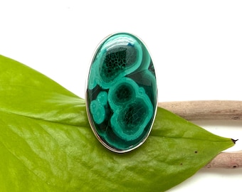 Malachite Sterling Silver Ring – Natursl Green Stone - Size 9.5 - Statement Ring