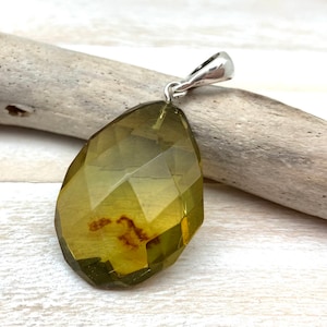 Green Amber Pendant // Green Caribbean Amber Pendant // Faceted Amber Pendant // Natural Amber Teardrop // 925 Sterling Silver