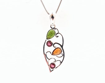 Tourmaline Silver Pendant Necklace: Green, Pink, Garnet Gemstones