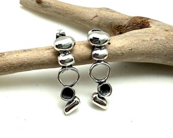 Modern Silver Long Earrings // 925 Sterling // Post // Artisan Handmade // Gift For Her
