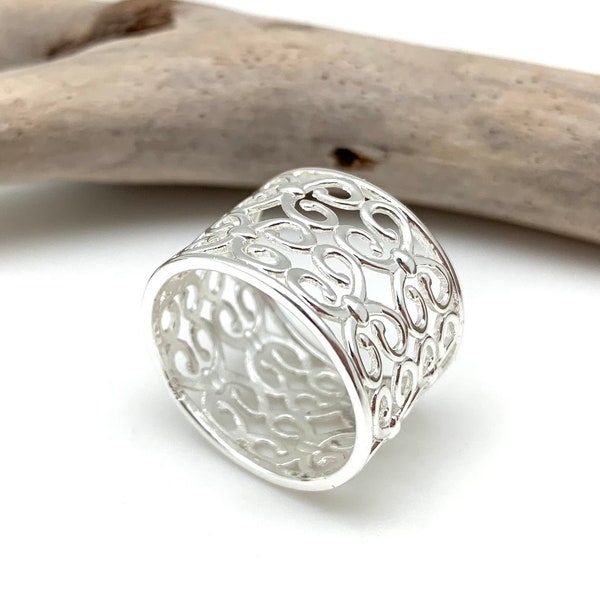 Silver Swirl Ring / Swirl Cigar Band / Long Finger Swirl Ring / Silver Statement / Cage Ring 6, 7, 8, 9 / Sterling Silver