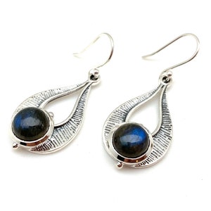 Sterling Silver Labradorite Earrings - Art Deco Dangle, 28mm