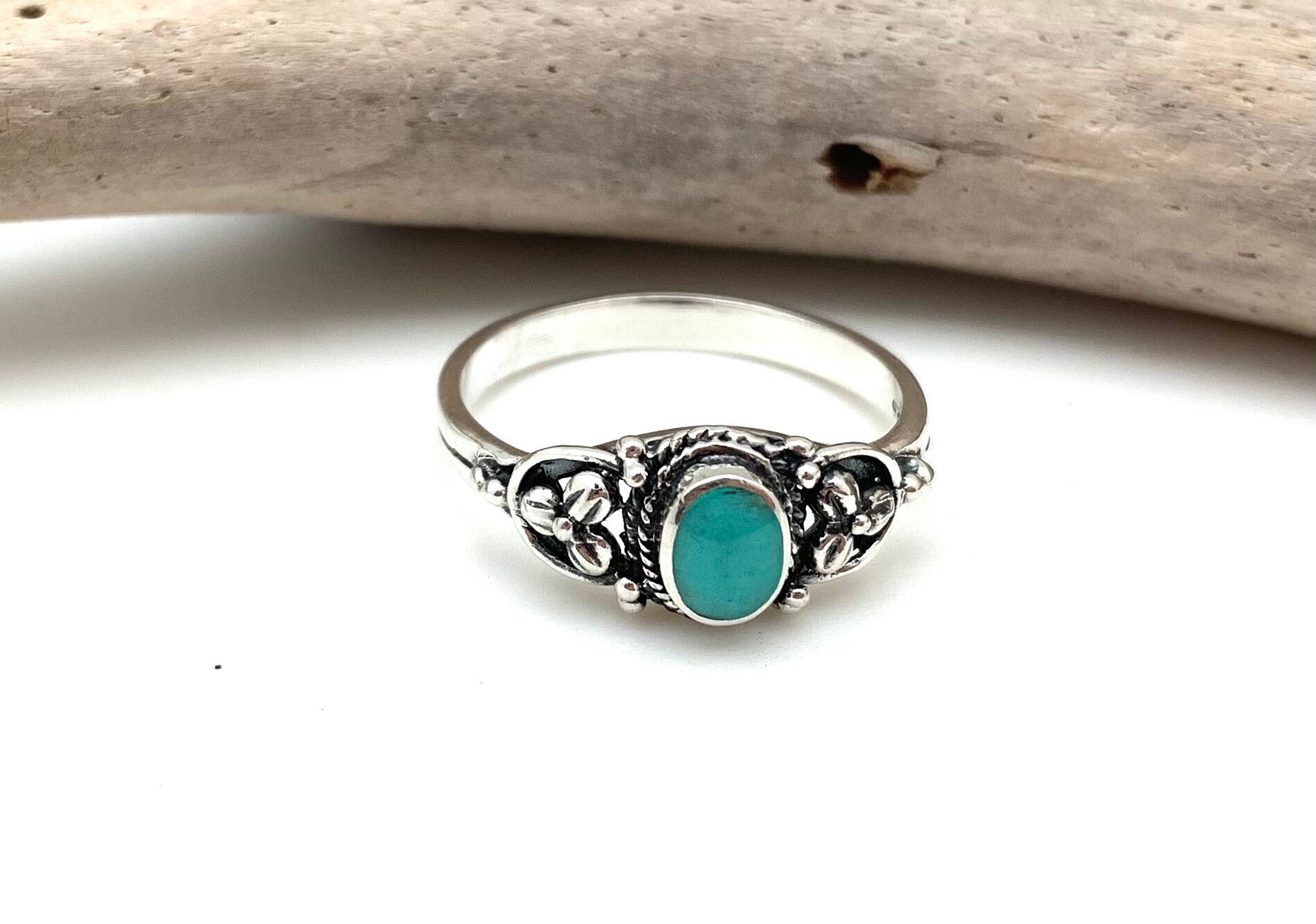 Bague Vintage Forme Fleur Argent 925 Avec Verre Bleu Turquoise - Taille 53, Occasion