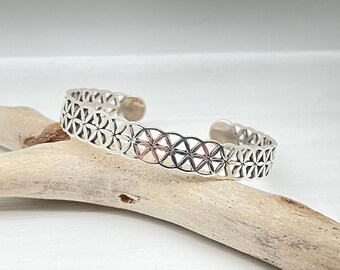 Silver Mandala Cuff, 925 Sterling Silver,  Life Flower Bracelet, Designed for 7 inch Wrist