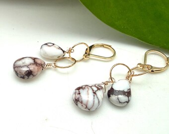 Wild Horse Dangly Earrings / Rare Natural White Pink Arizona Wild Horse / Southwestern Gift / Gold Fill / Gift for Her