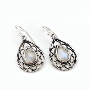 Rainbow Moonstone Earrings // 925 Silver // Moonstone Earrings // Etched Teardrop Silver Setting
