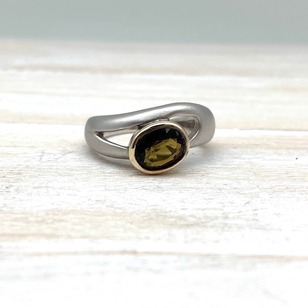 Bio Tourmaline Silver Ring // Two Tone Tourmaline Ring // Green and Brown Tourmaline // 925 Sterling Silver // Rhodium/18k Gold Finish //