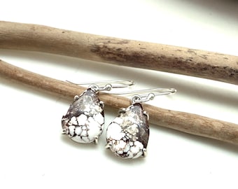 Wild Horse Dangly Earrings / Rare Natural White Arizona Wild Horse / Southwestern Gift / 925 Sterling / Gift for Her / White and Brown