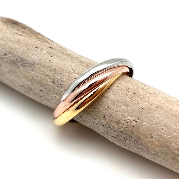 Silber Tri Color Rolling Ring 2mm 5-10 / Silber Gold Rose Gold Inter Linked Ring / Mix Color Multi Ring /925 Sterling Silber