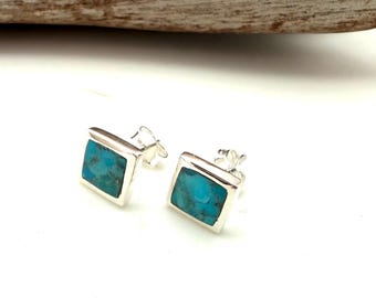 Square Mojave Turquoise Sterling Silver Stud Earrings – Post In Middle 12mm