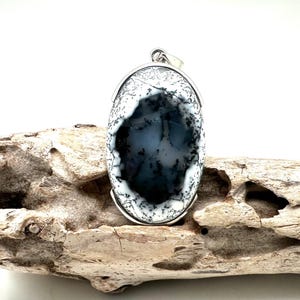 Dendritic Agate Opal Pendant 42mm - 925 Sterling Silver Setting - Dendritic Agate Stone Pendant - Dendritic Opal Pendant