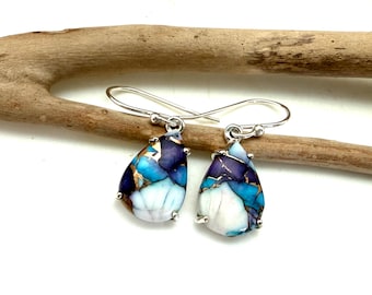 Turquoise Oyster Shell Earrings, Natural Blue Purple Copper, Mohave Blue Dahlia, 925 Sterling Silver