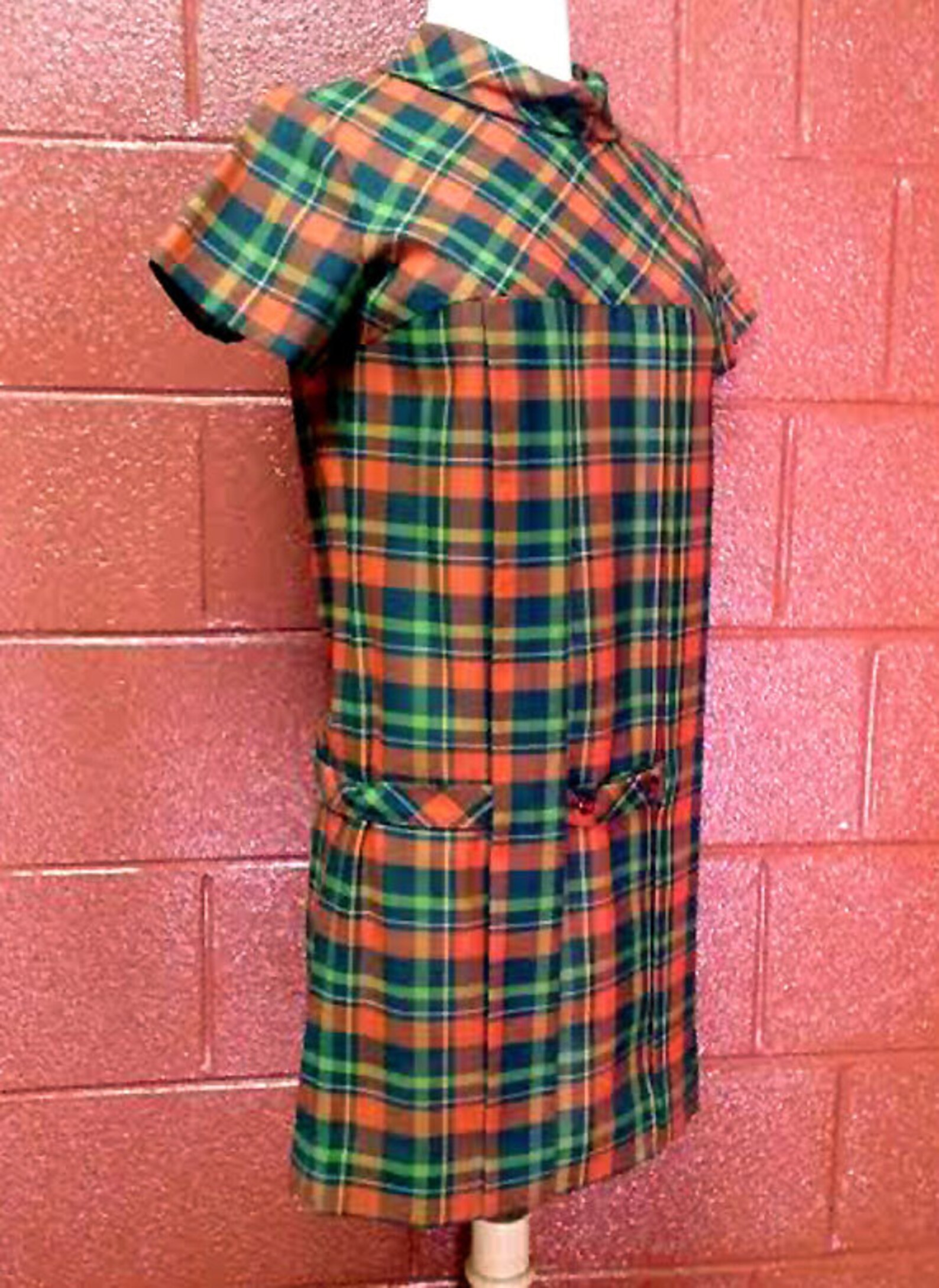 Pull/chemise à Carreaux Vintage Années 60 - Taille Fille 7/8, Deadstock (neuf Stocké) - Coton, Couleurs Olive/rouge/bleu/blanc