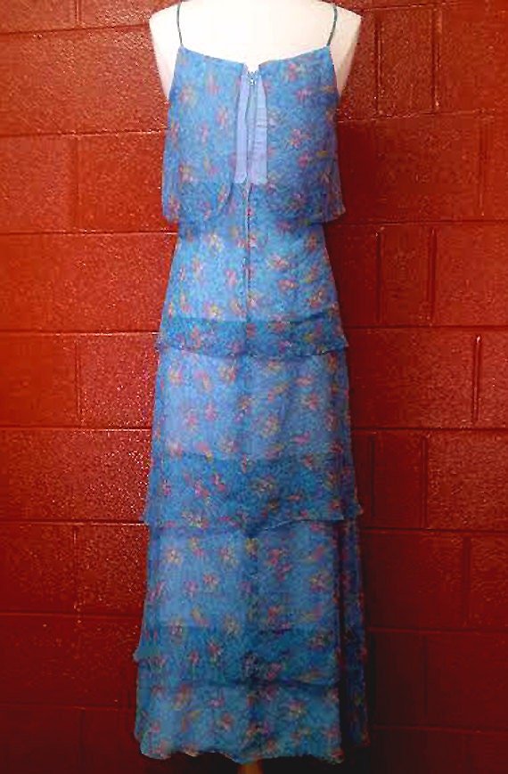 1970s Vintage MAXI DRESS- Blue Floral Print Chiffon … - Gem