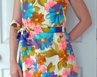 1960s SHIFT DRESS Cotton Dayglo Floral Belted Dress Wiggle Dress- Size 8