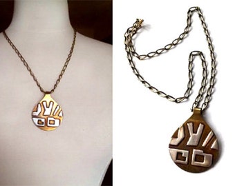 70s MODERNIST ERA Artisan PENDANT 2 Tone Metal Vintage Necklace- One of a Kind Treasure!