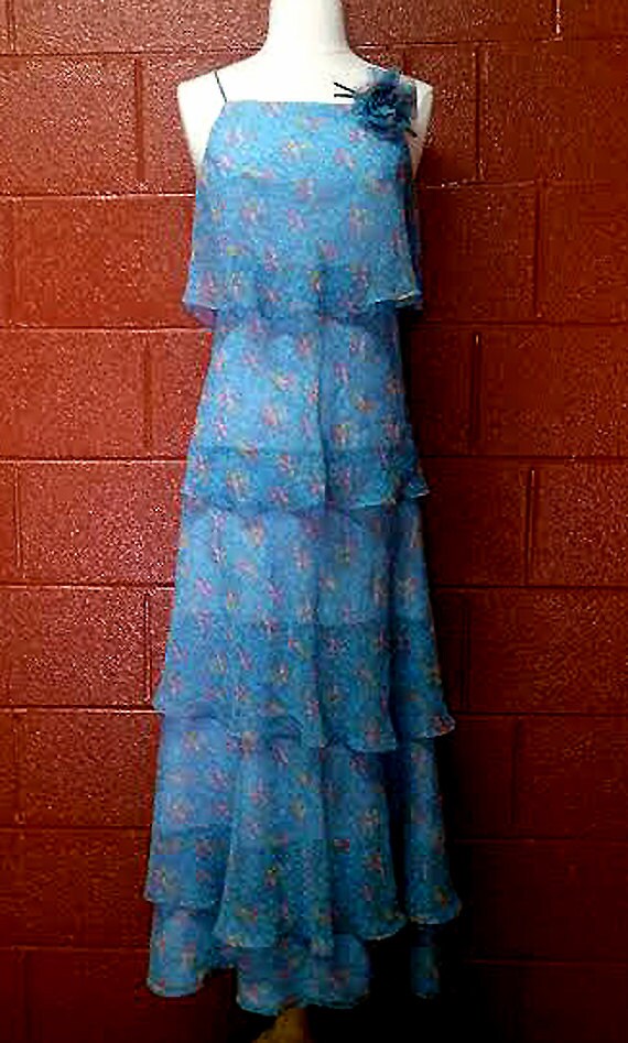 1970s Vintage MAXI DRESS- Blue Floral Print Chiffon … - Gem