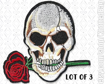 3 Human Skull Red Rose Patches 4" x 4" Embroidered Iron On or Sew On Patches for Crafts, Clothing - Lot of 3