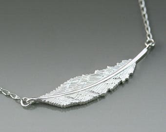 Feather necklace, silver feather necklace, sideways feather necklace, sterling silver feather necklace, everyday jewelry, layered, handmade