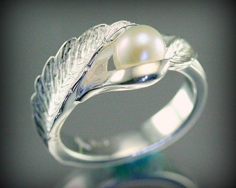 Art nouveau leaf ring, silver leaf ring, silver and pearl leaf ring,  pearl ring, handmade, pearl anniversary ring, art nouveau jewelry