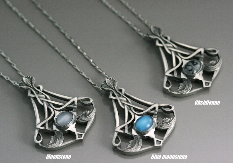 Art nouveau pendant with stone, pewter art nouveau pendant, celtic pewter necklace, obsidienne stone, art nouveau style, symbolic jewelry image 2