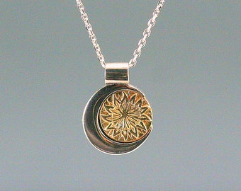 Sun necklace, sun and moon necklace, gold and silver sun and moon necklace, 14 k solid gold and sterling silver